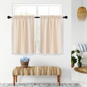 MitoVilla Cream Boho Kitchen Curtains 24 Inch Length, 2 Panels Beige NEW